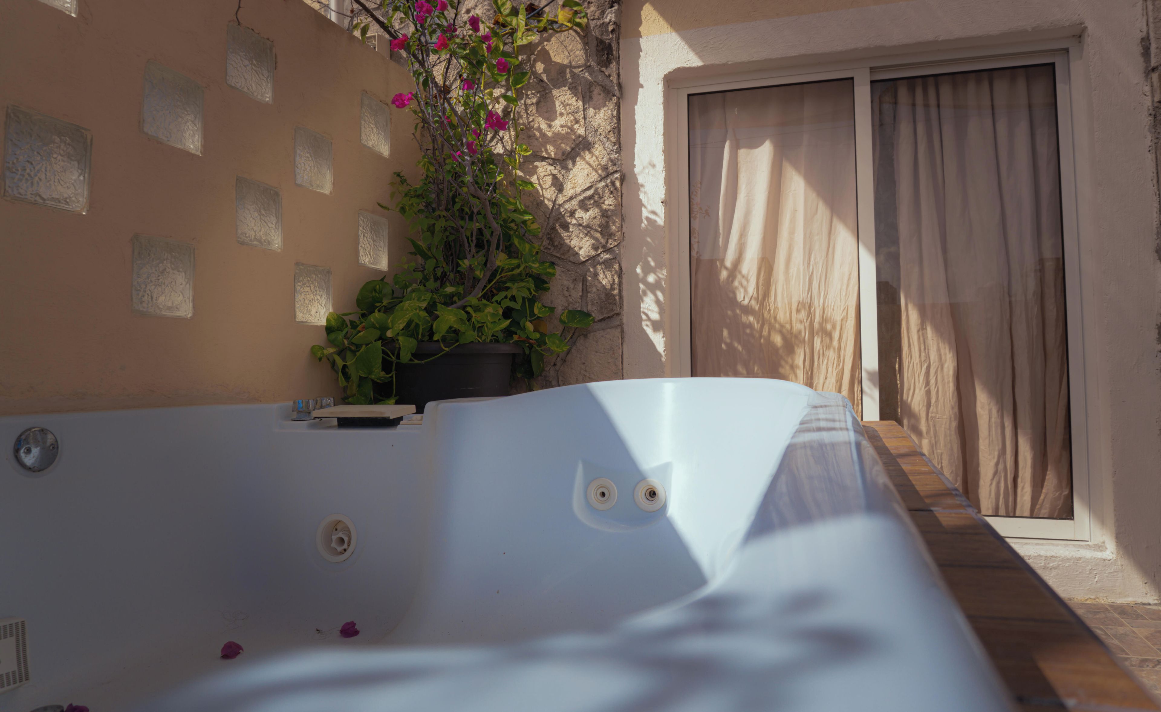 Un bain à remous avec un mur en pierre et une plante en pot à côté.