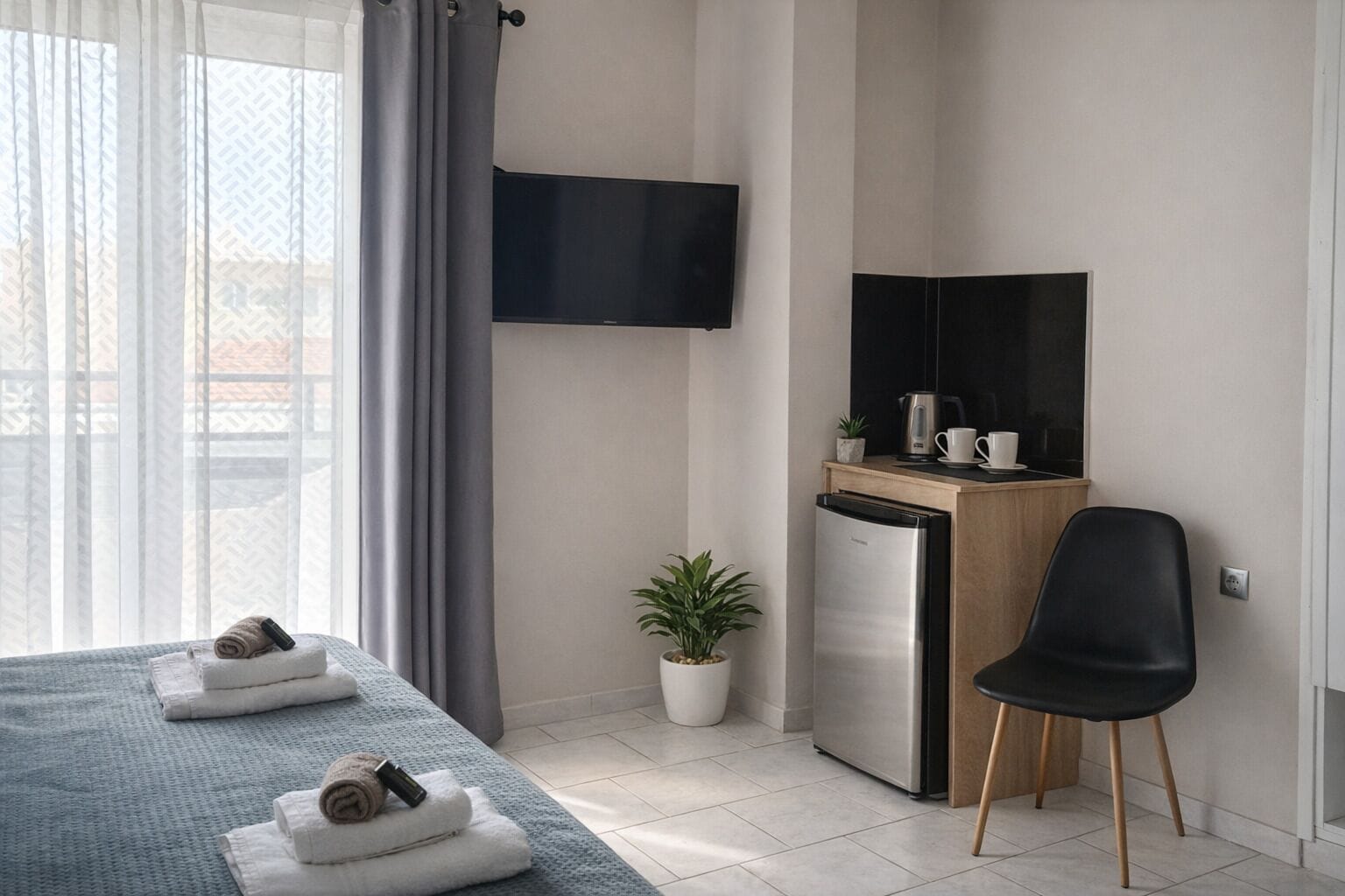 Ein modernes Hotelzimmer mit einem Bett, einer kleinen Küchenzeile, einem Fernseher, einer Zimmerpflanze und einem Sessel.