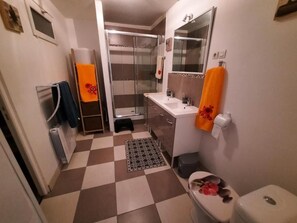 Douche, séchoir à cheveux, serviettes fournies, savon