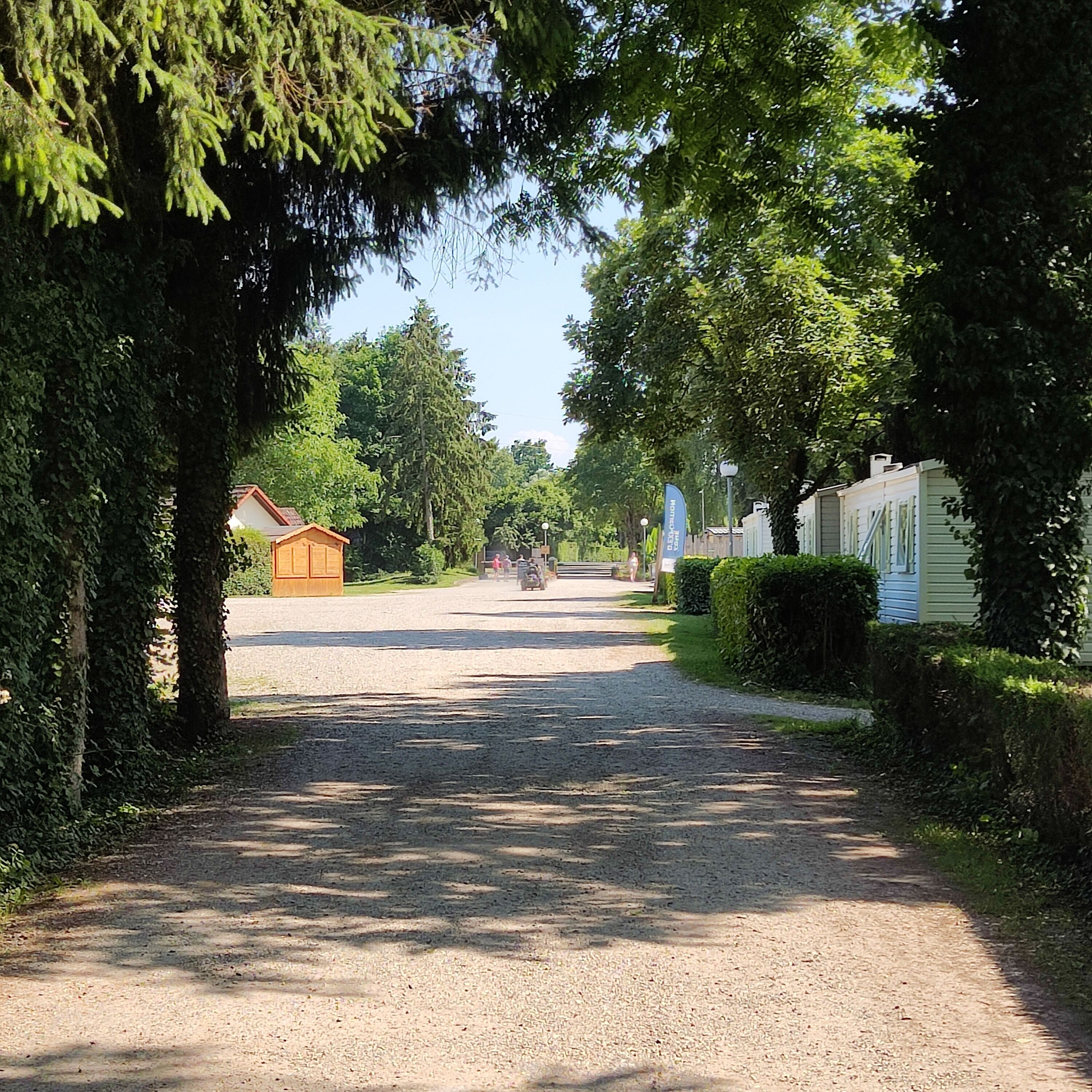 A gravel path leading to a row of houses with a clear sky above.