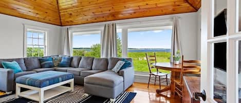 TV, fireplace, books, offices