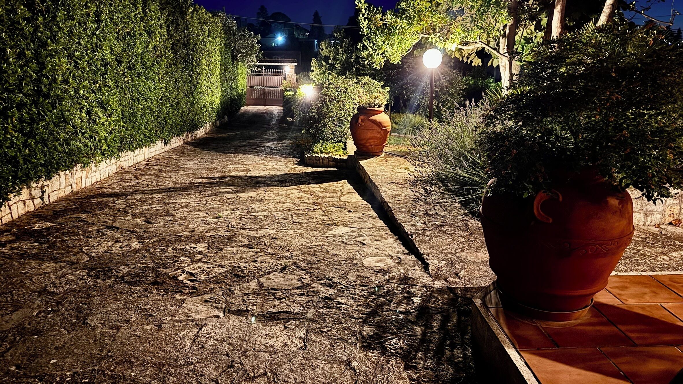 Un chemin de pierre menant à un portail, bordé de haies et de plantes en pot, avec un lampadaire éclairant le chemin.