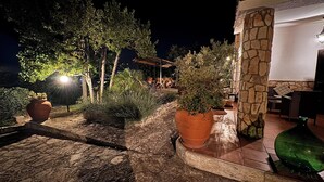 Un espace extérieur aménagé en terrasse, avec un sol en pierre, des plantes en pot et du mobilier d’extérieur.