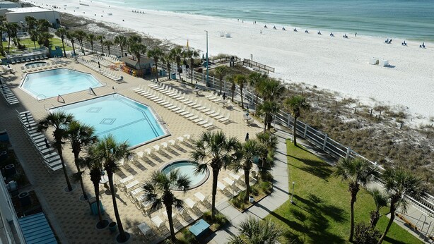 A resort with a pool area, palm trees, and a beach.