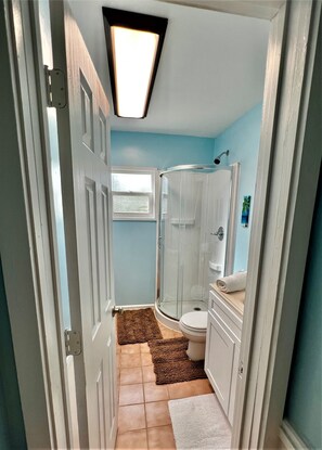 Douche, séchoir à cheveux, serviettes fournies, savon