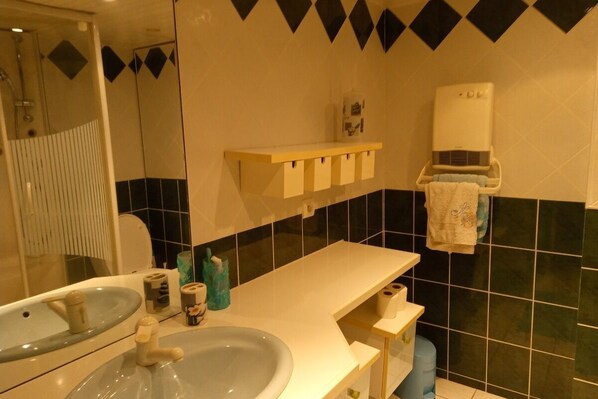 A bathroom with a sink, mirror, towel rack, and shower area. - APARTMENT OVERLOOKING PIC DU VISCOS AND CABALIROS GROUND FLOOR 4 PEOPLE (Boô-Silhen)