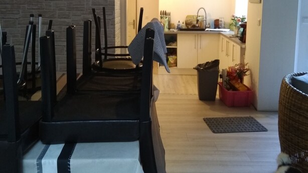 A dining area with a table set for two, a kitchen in the background, and a dog in the foreground.
