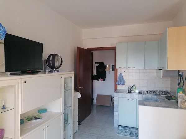 A compact kitchen with a refrigerator, stove, and sink. There is a television on a cabinet and a door leading to another room.