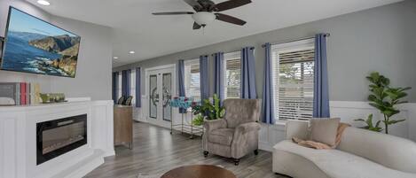 Smart TV, fireplace, video games, stereo