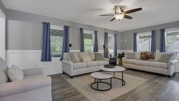 Smart TV, fireplace, video games, stereo