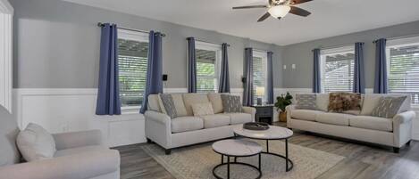 Smart TV, fireplace, video games, stereo