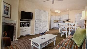 Télévision, cheminée, lecteur de DVD