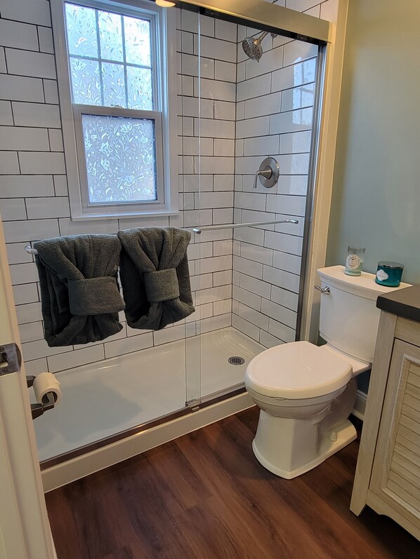 Shower, hair dryer, towels, soap