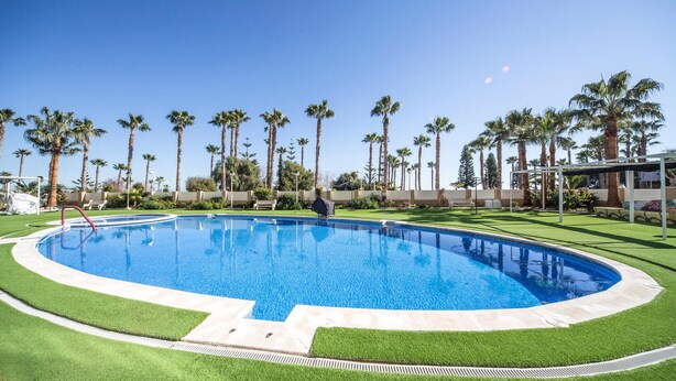 A swimming pool surrounded by palm trees and a well-maintained lawn. - Lovely apartment in Orpesa del Mar (Orpesa del Mar)