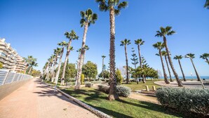 A coastal promenade lined with tall palm trees and a modern hotel with balconies overlooking the sea. - Lovely apartment in Orpesa del Mar (Orpesa del Mar)