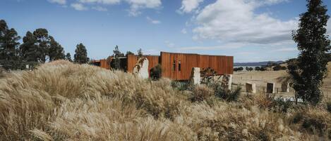 A modern building with a wooden facade, surrounded by dry grass and trees.