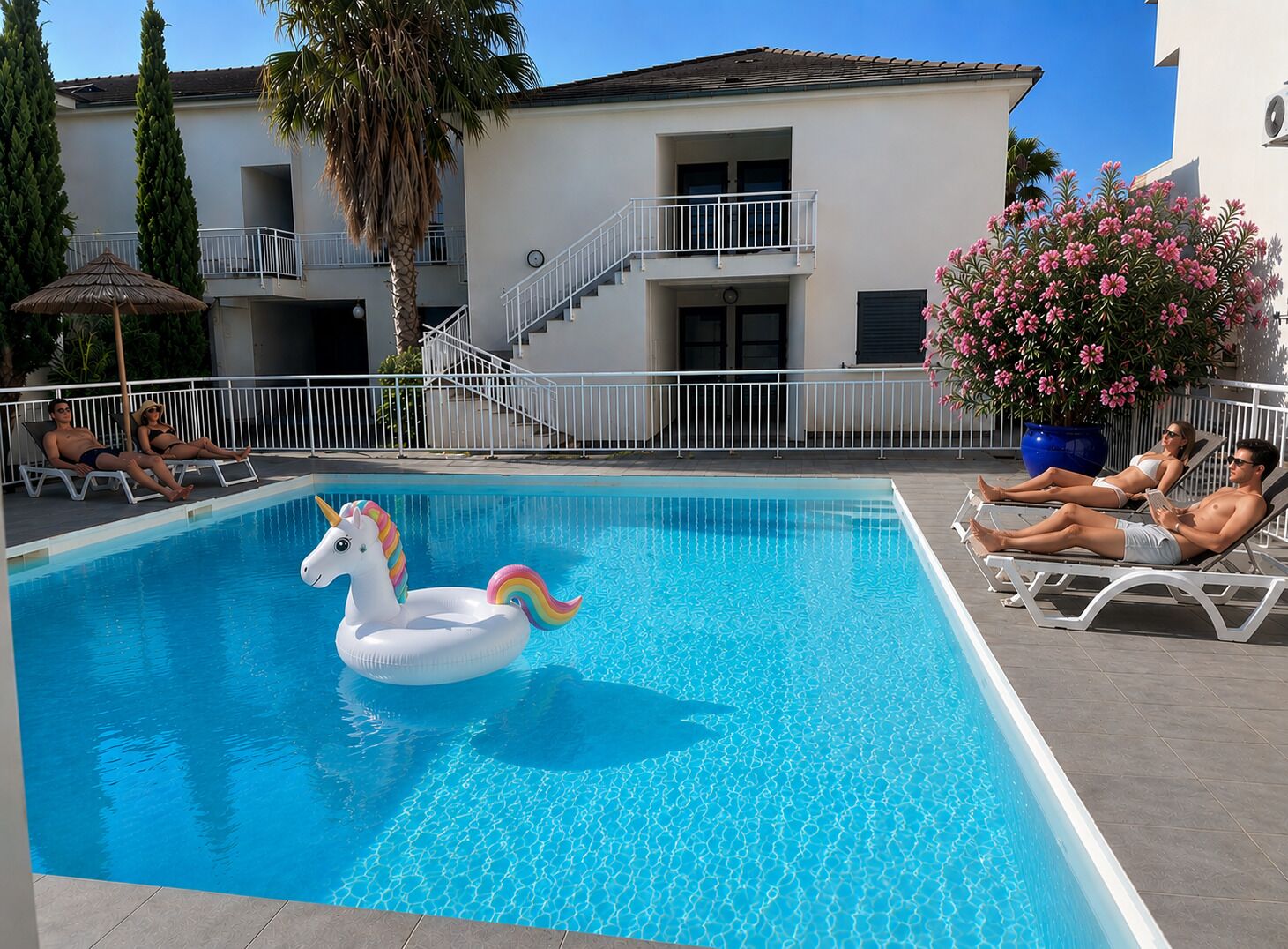 Una piscina con un flotador de unicornio, sillas de descanso y un edificio con balcones al fondo.