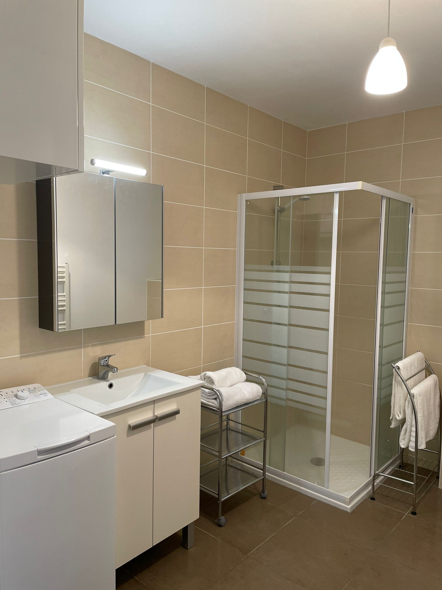 Een moderne badkamer met een douchecabine van glas, een witte wastafel en een spiegelkast.