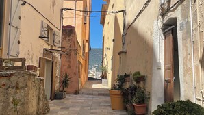 Une ruelle étroite, bordée de bâtiments des deux côtés, avec des plantes en pot et un ciel bleu dégagé.