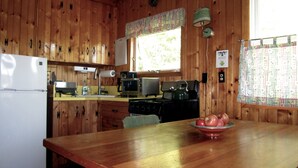 A wooden cabin kitchen with a refrigerator, stove, microwave, and a table with apples. - Secluded Hillside Property with Valley Views and Fishing Pond (Burlington Flats)