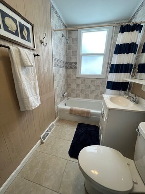 Combined shower/tub, hair dryer, towels