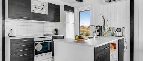 Fridge, stovetop, dishwasher, coffee/tea maker