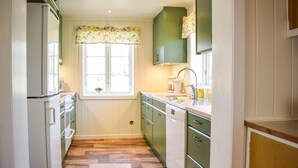Une cuisine avec une fenêtre, un plancher en bois et des armoires vertes.