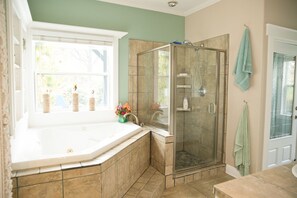 Combined shower/tub, jetted tub, hair dryer, towels
