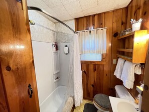 Badkar/dusch, handdukar, tvål och toalettpapper