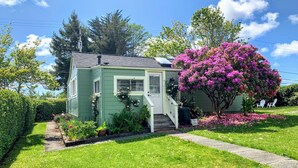 A small, single-story house with a green exterior, a front porch, and a large flowering tree.
