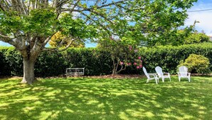 A well-maintained lawn with a large tree and three white Adirondack chairs.