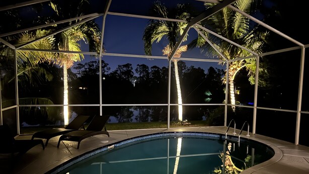 Ein Poolbereich mit Glasveranda, Liegestühlen und Palmen.