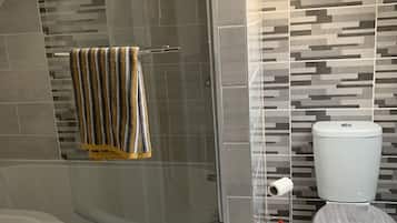 Combined shower/tub, hair dryer, towels