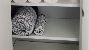 Un estante ordenado con secador de pelo, plancha y productos de limpieza.