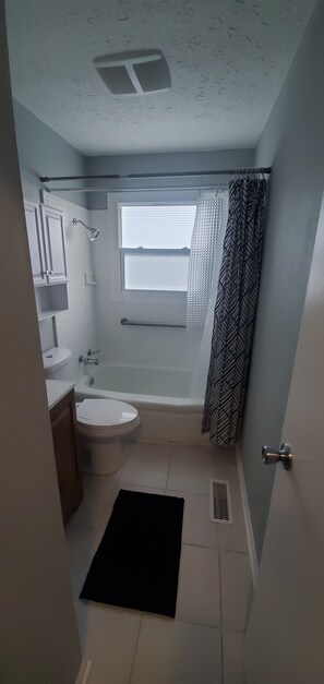 Combined shower/bathtub, hair dryer, towels, toilet paper