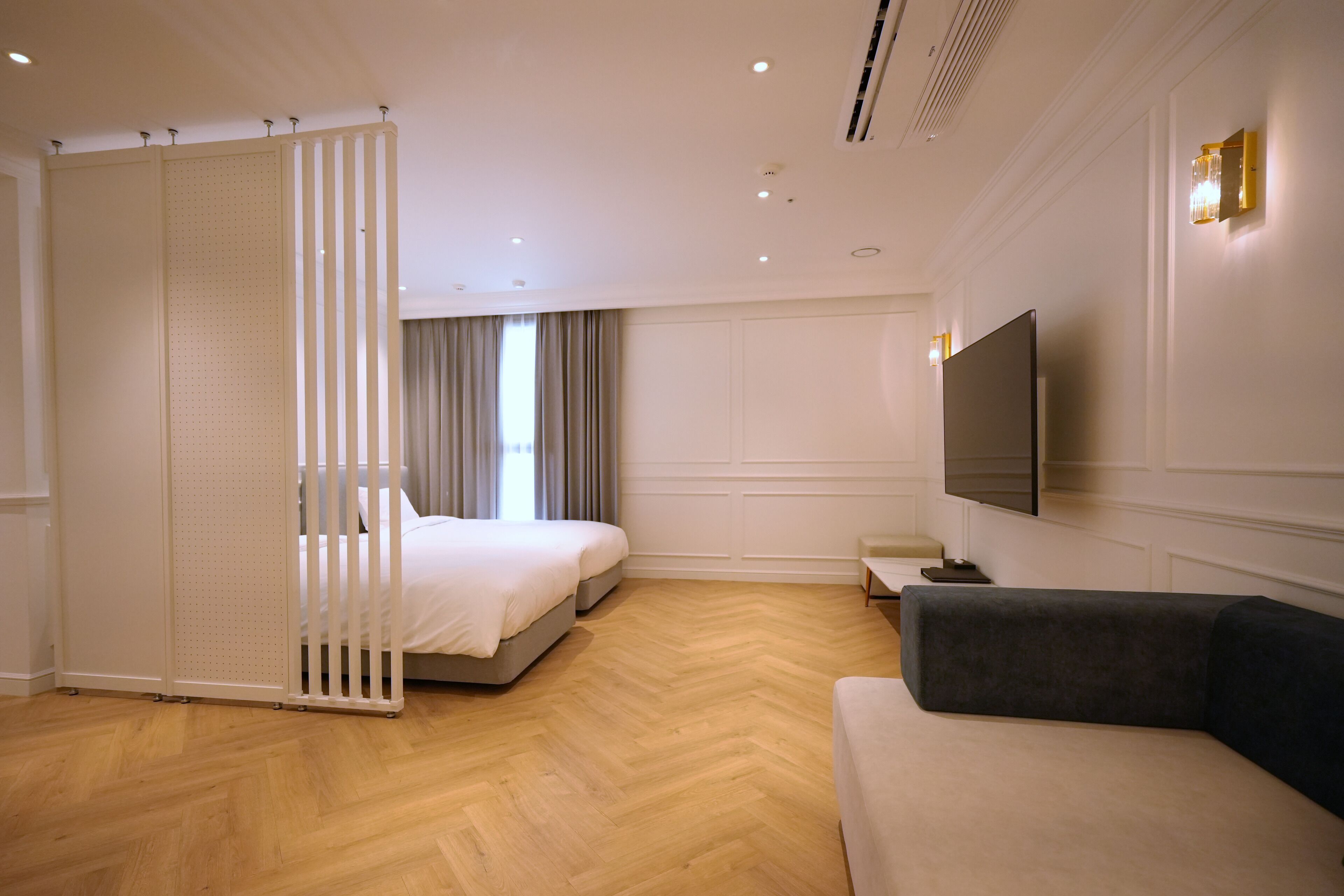A hotel room with a bed, a sofa, a TV, and a partition.