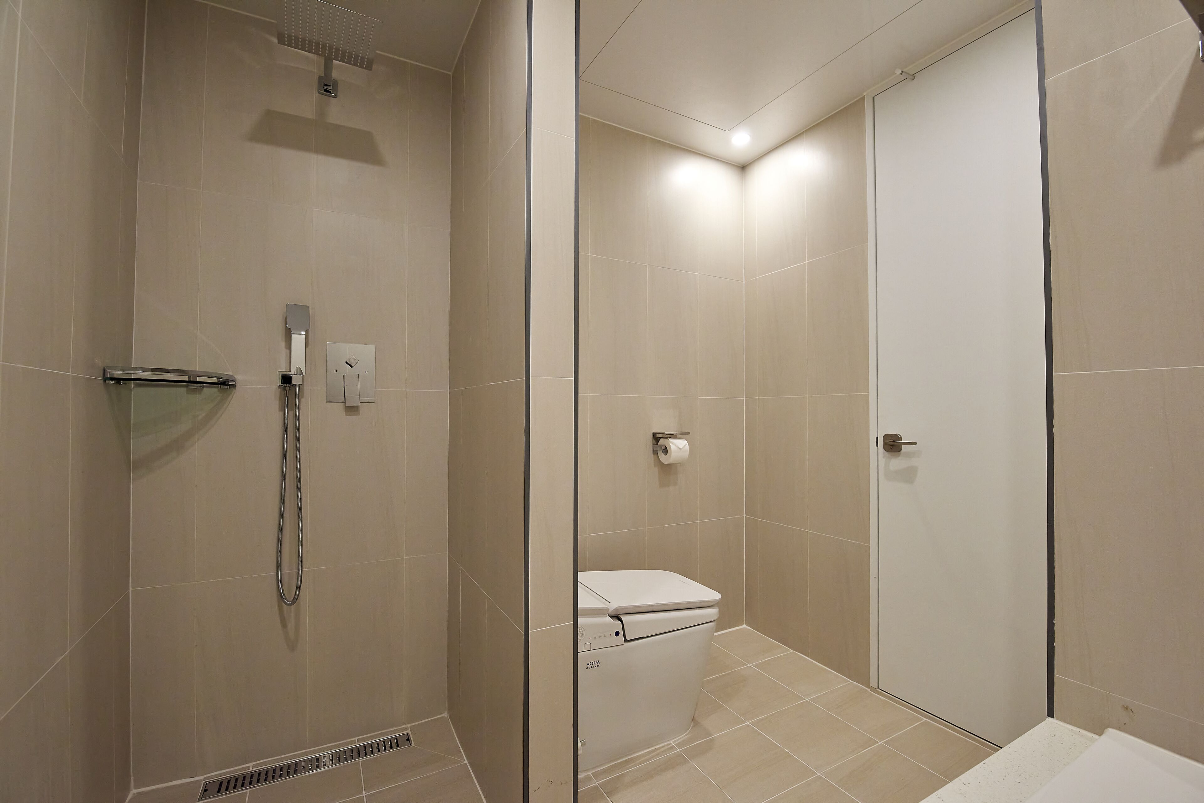 A modern bathroom with a glass shower enclosure, a toilet, and a sink.