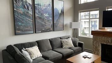 Smart TV, fireplace, books