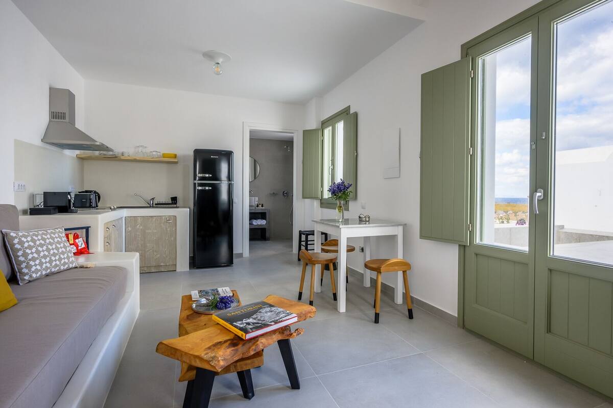 A compact living space with a kitchenette, a dining area, and a view through a green door.