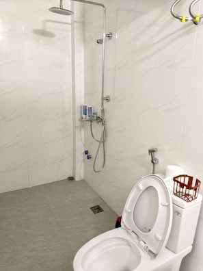 Een douche, een regendouche, gratis toiletartikelen, een haardroger