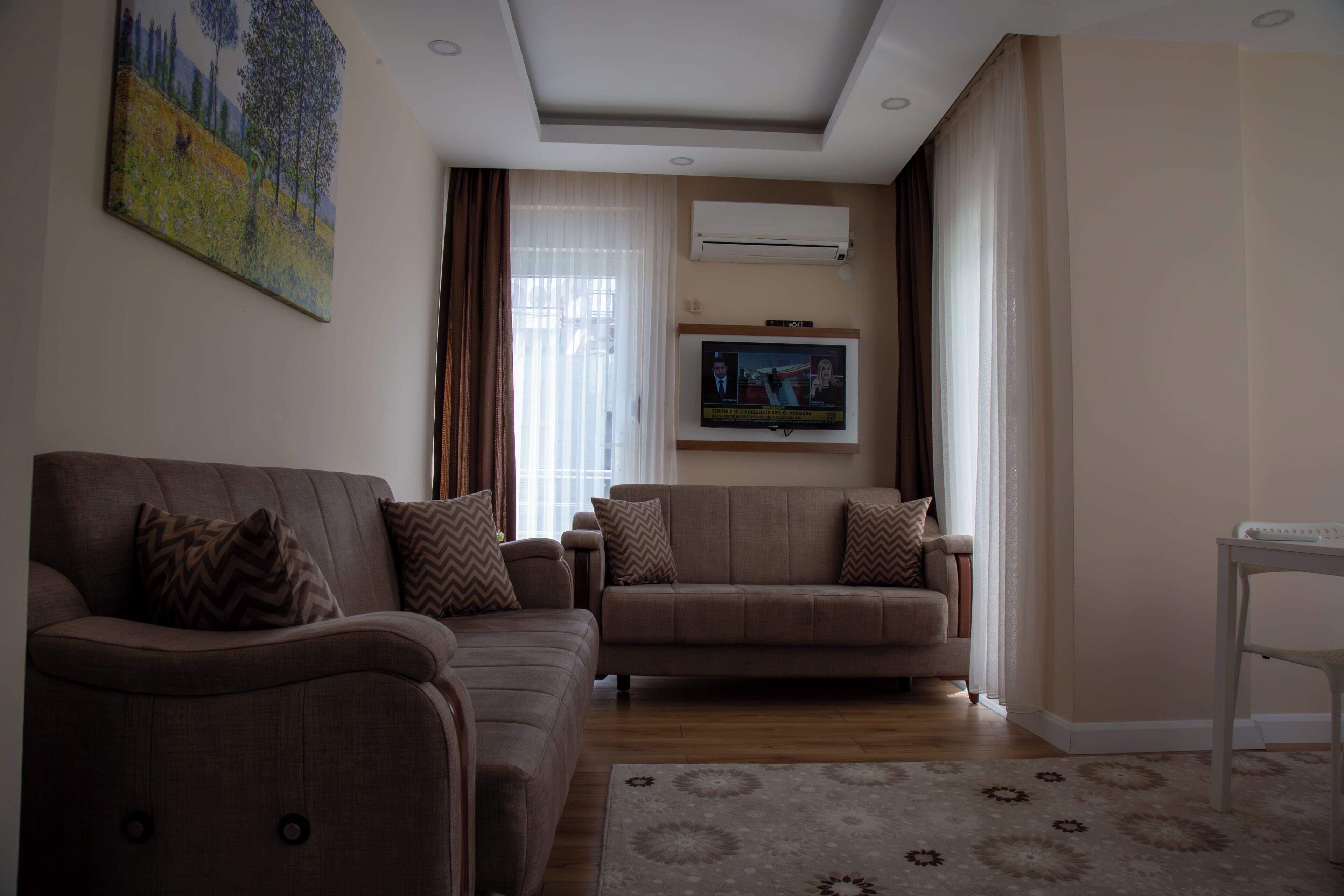 A living room with two sofas, a TV, and a painting on the wall.