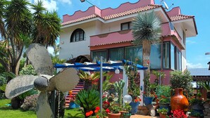 Uma casa com fachada rosa, uma grande ventoinha no jardim e diversos vasos de plantas.