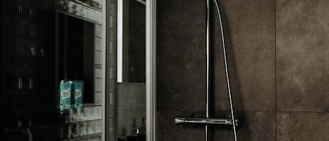 Shower, rainfall showerhead, eco-friendly toiletries, hair dryer