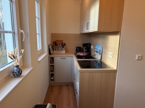 Fridge, oven, coffee/tea maker, electric kettle