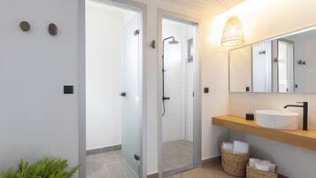 Combined shower/bathtub, hair dryer, towels