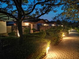 Vista nocturna de una zona residencial con casas, un camino pavimentado y farolas iluminadas.