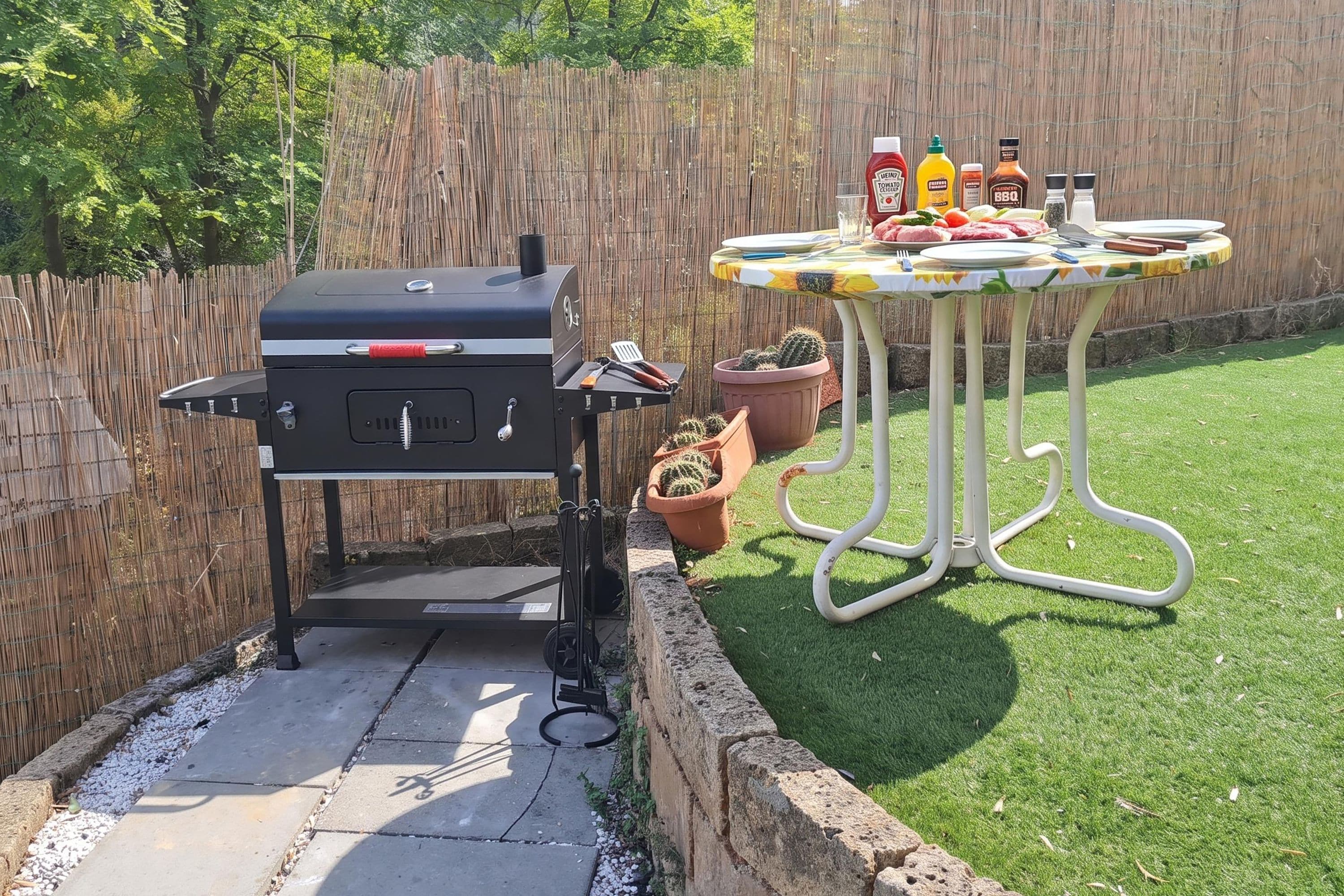 Ein Garten mit Grill, einem Tisch gedeckt mit Speisen und Gewürzen sowie Blumentöpfen.