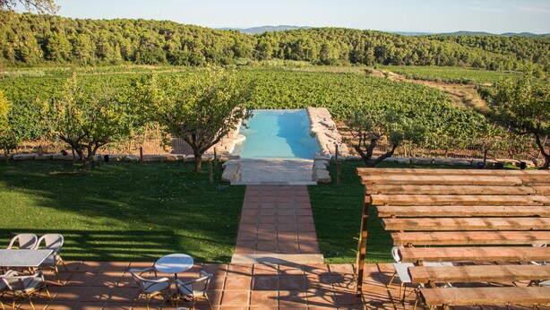 A vineyard with a swimming pool, outdoor seating, and a stone pathway. - Hotel Montrubí 1771 - Slow Winery Hotel - Adults only (Font-Rubi)