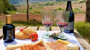 A picnic setup with a bottle of Mont Rubi wine, two glasses, bread, cheese, and cured meats on a wooden board, set against a scenic hillside backdrop. - Hotel Montrubí 1771 - Slow Winery Hotel - Adults only (Font-Rubi)