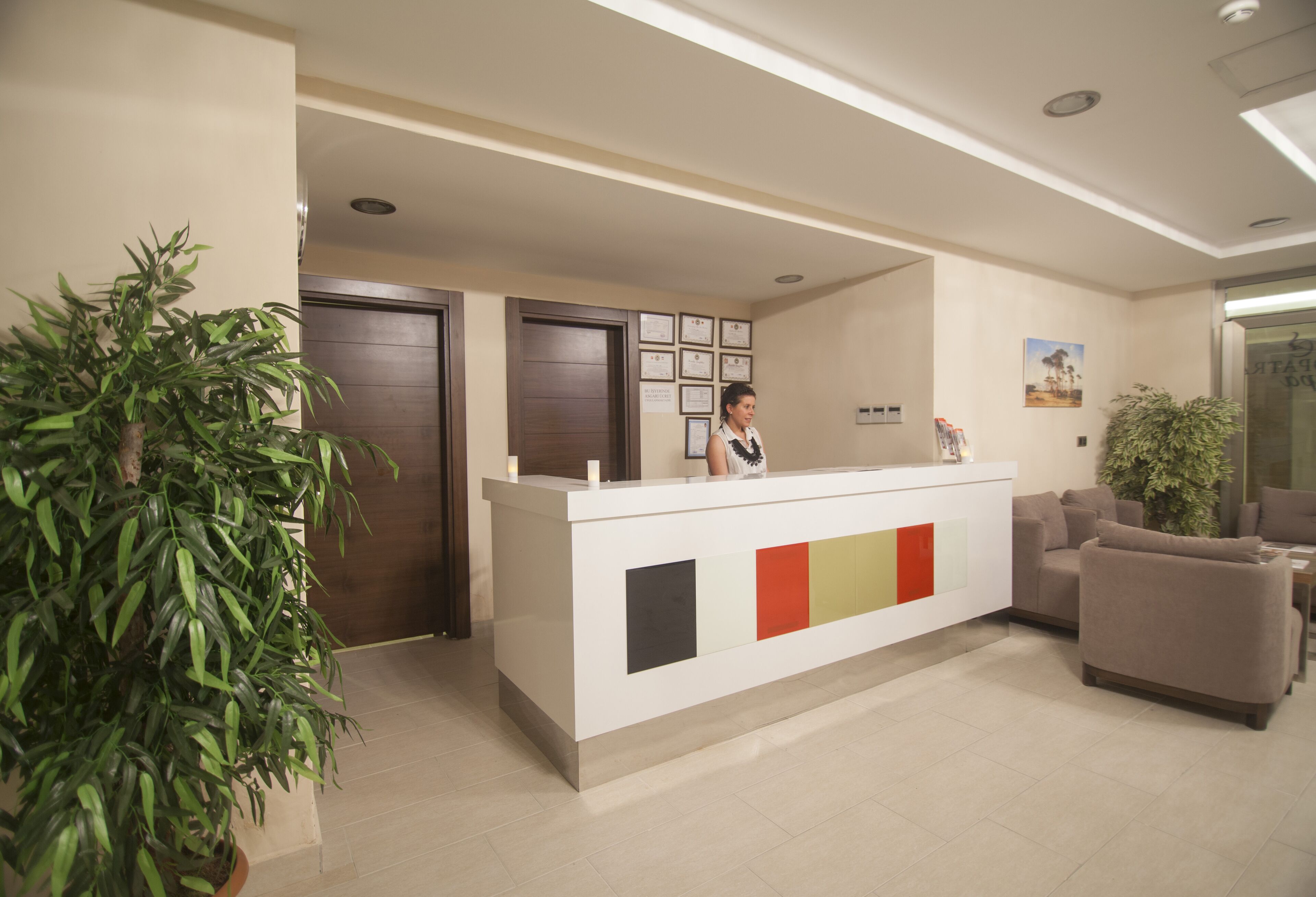 Un comptoir d’accueil avec un réceptionniste, une plante en pot et un espace détente avec un canapé et des fauteuils.
